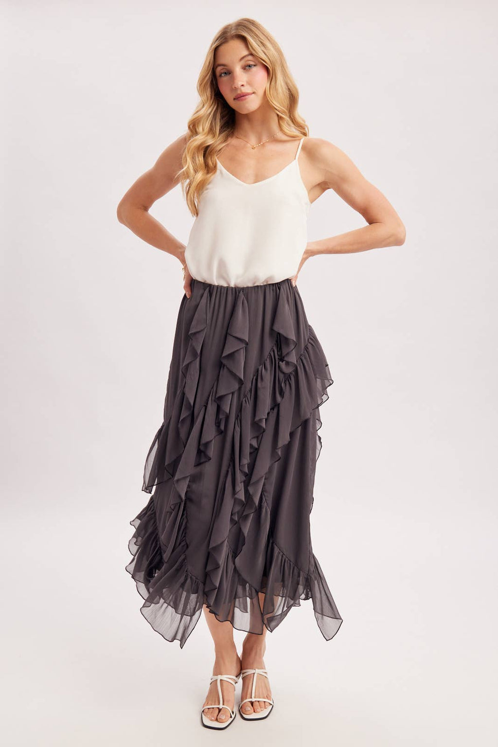 SEMI-SHEER CHIFFON RUFFLED TULLE MIDI SKIRT: ECRU
