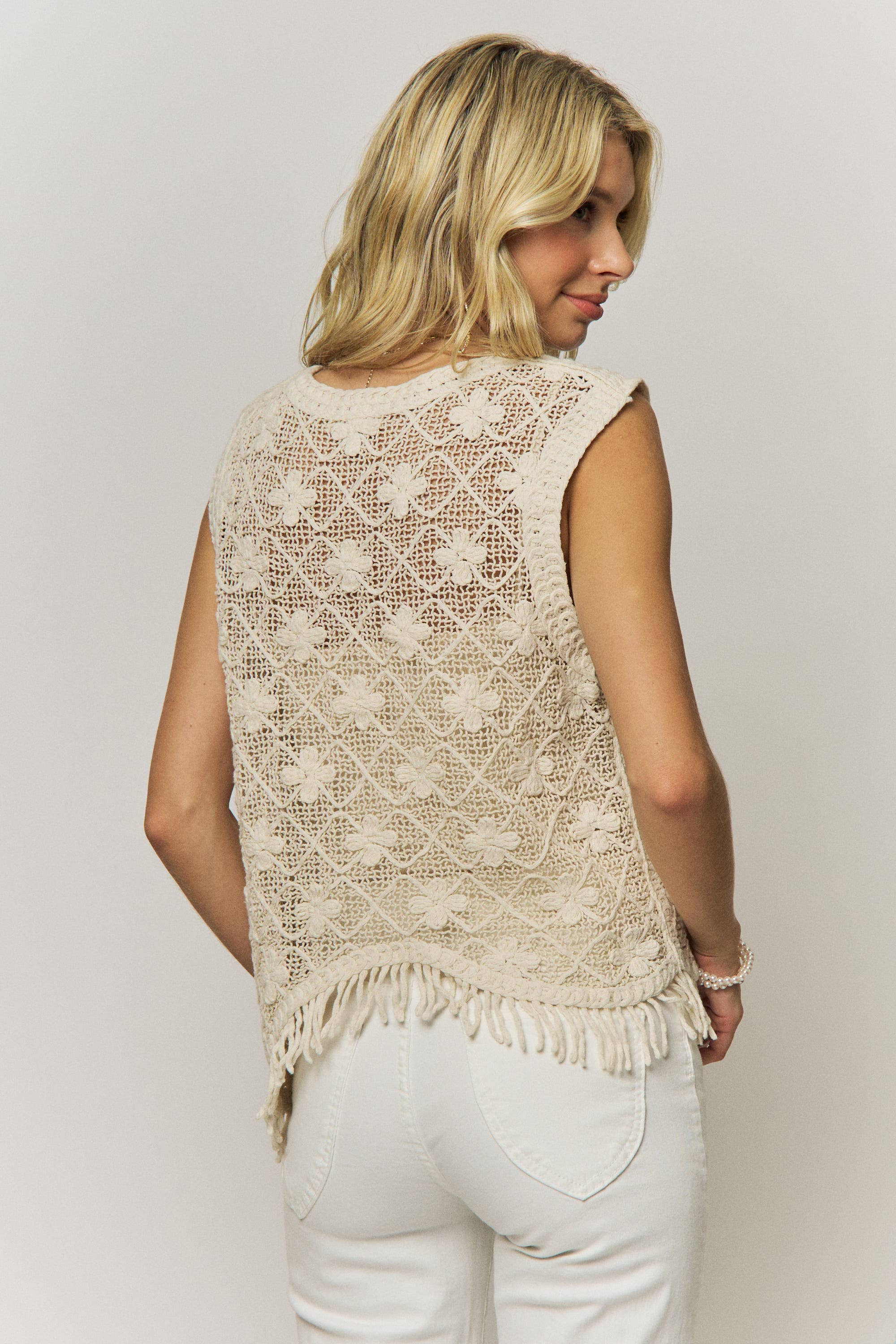 FRINGE HEM CROCHET TOP- LET4265: BEIGE / ONESIZE(6)