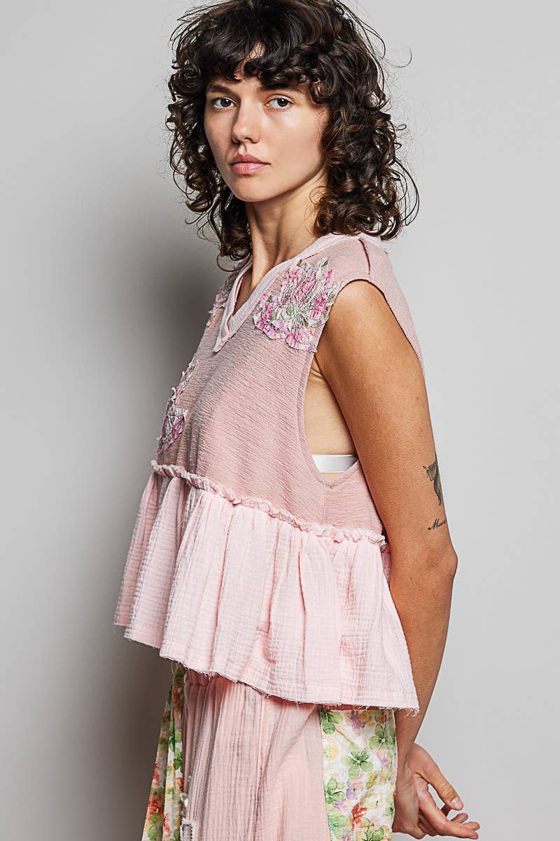 Boho Floral Patch V-Neck Sleeveless Top: NATURAL