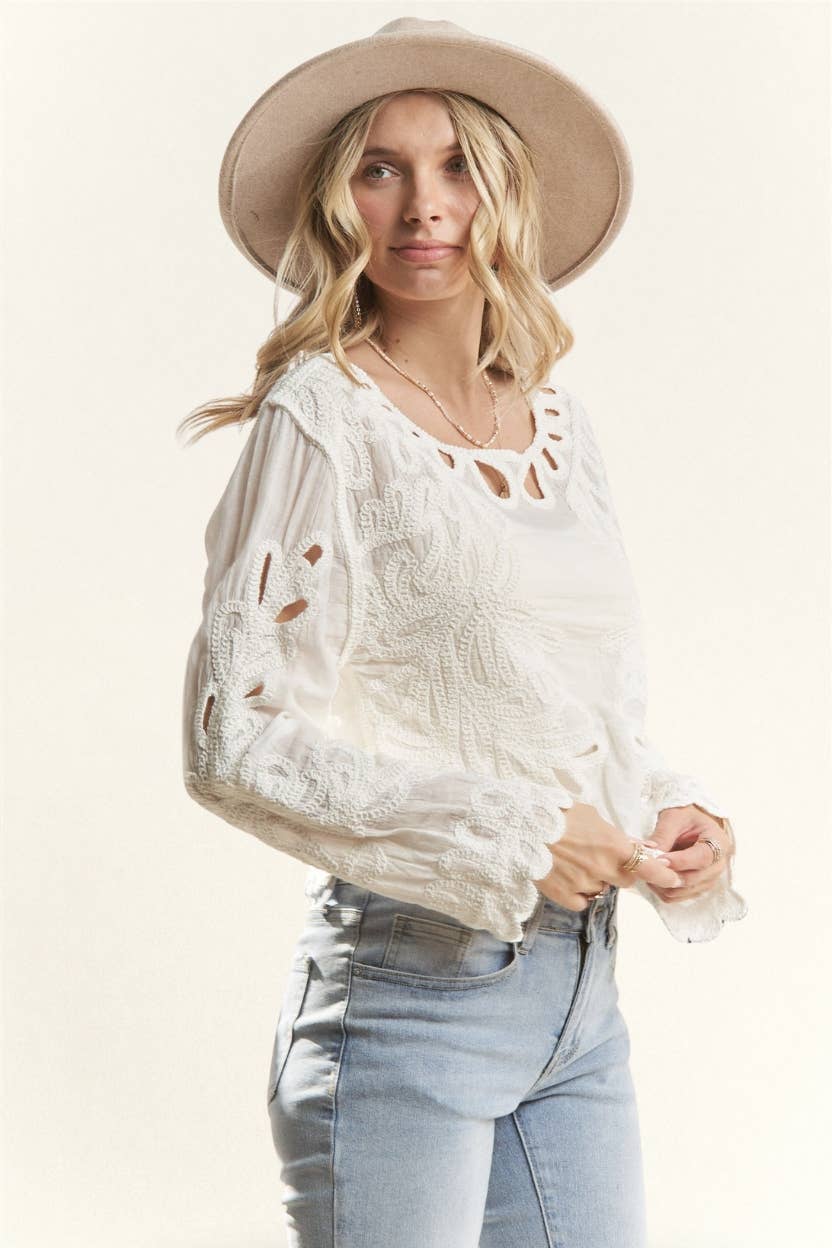 LONG SLEEVE EMBROIDERED BOHO TOP- LET3886: BEIGE / S/M-M/L(3-3)