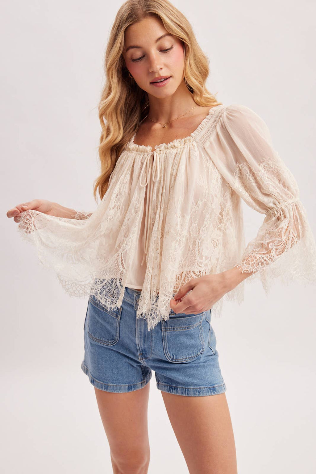 WIDE NECK RUFFLED EYELASH LACE BLOUSE - EASTER DAY: MAUVE / S