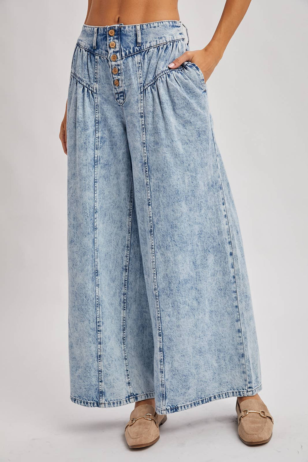 DENIM PLEATED RETRO HIGH-RISE WIDE LEG JEANS: LT.WASH / S