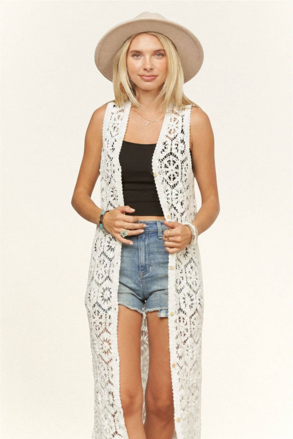 LONG CROCHET CARDIGAN VEST- LEJ4076: BEIGE / SM-ML(3-3)