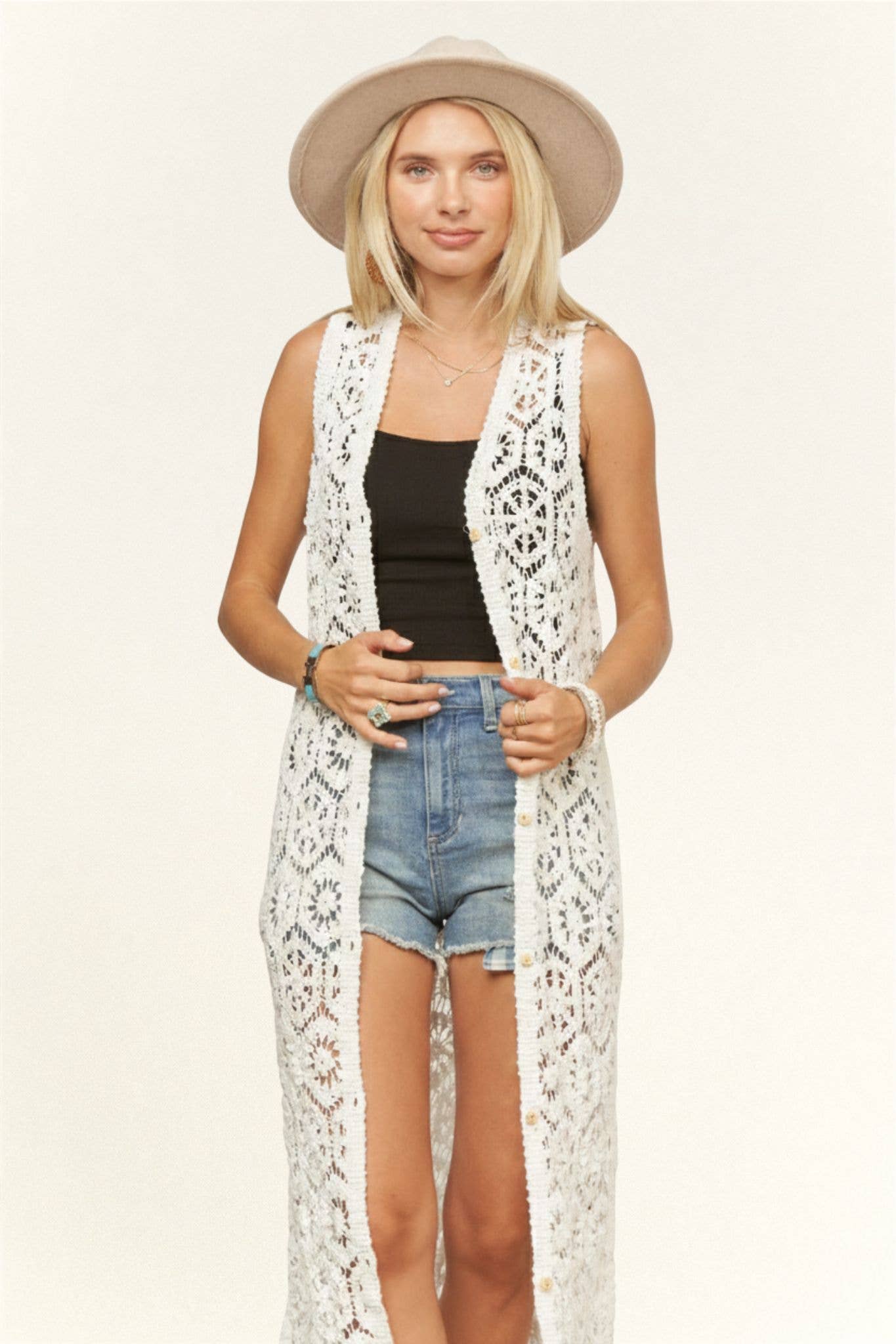 LONG CROCHET CARDIGAN VEST- LEJ4076: BEIGE / SM-ML(3-3)