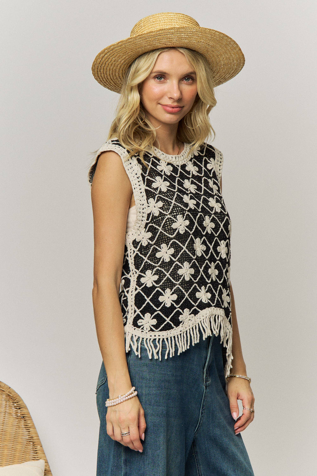 FRINGE HEM CROCHET TOP- LET4265: BEIGE / ONESIZE(6)