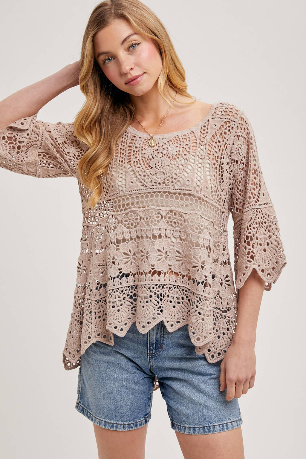 BEACH COVER-UP SHEER CROCHET TOP WITH NO LINING: NATURAL