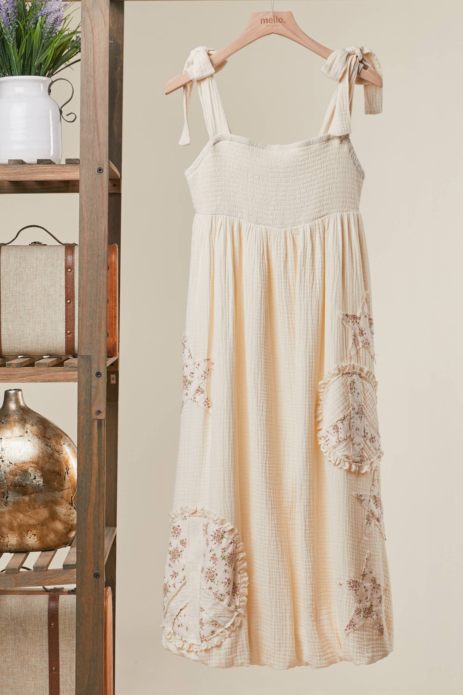 Peace Patchwork Ruffled Sleeveless Dress: Ivory