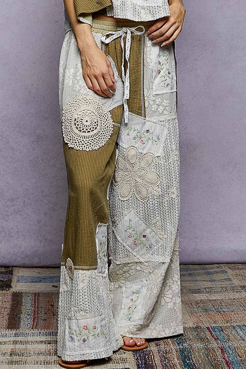 Solid Lace Patch Detail Woven Pants: CHOCO STRIPE