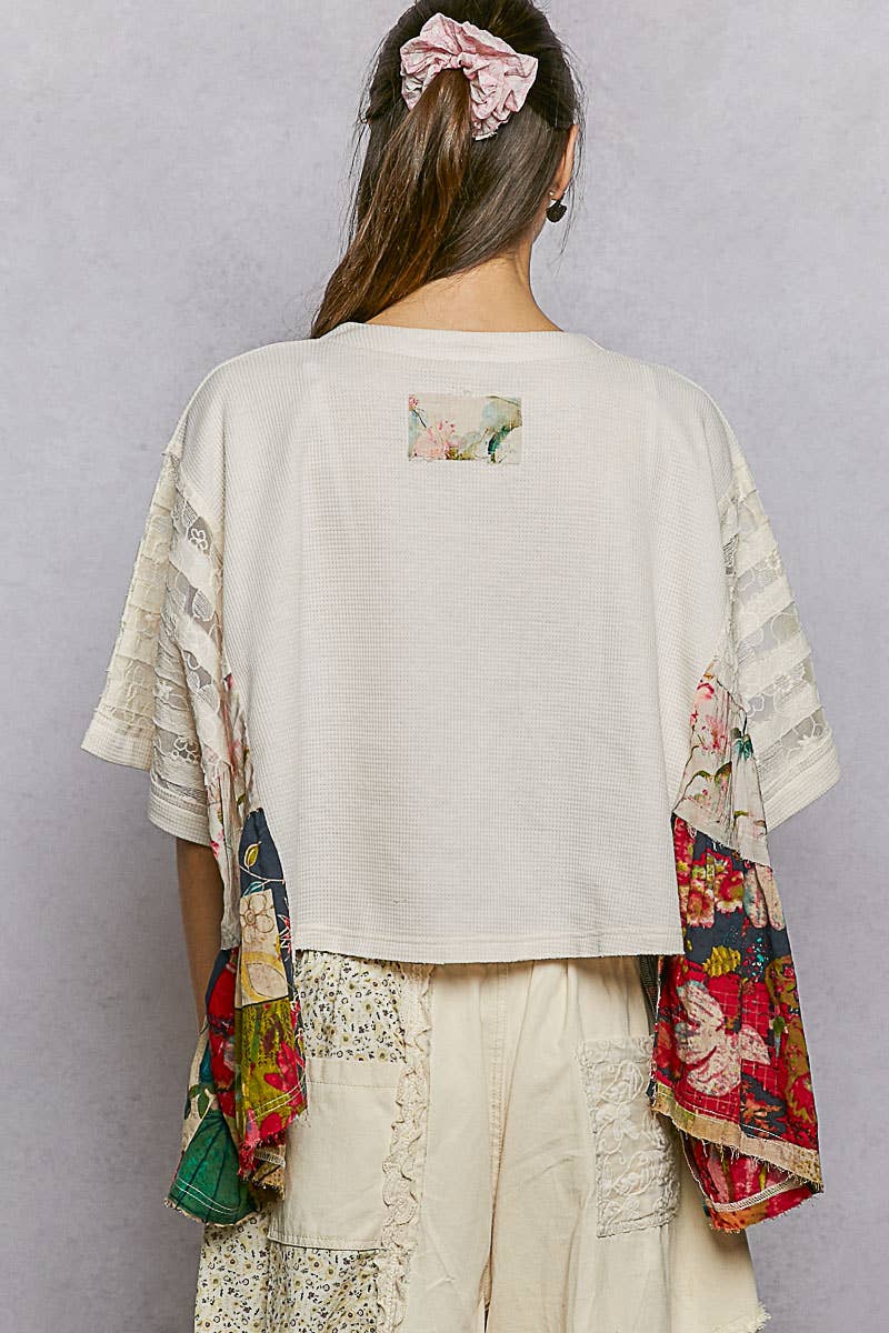 Boho Side Ruffle Detail Floral Embroidery Thermal Top: MINT / M