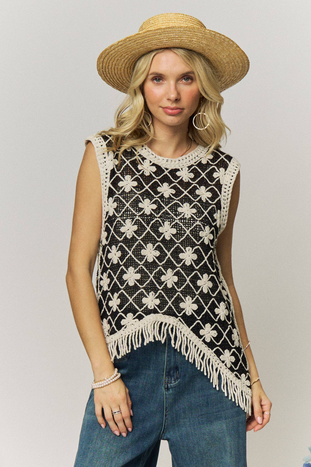 FRINGE HEM CROCHET TOP- LET4265: BEIGE / ONESIZE(6)