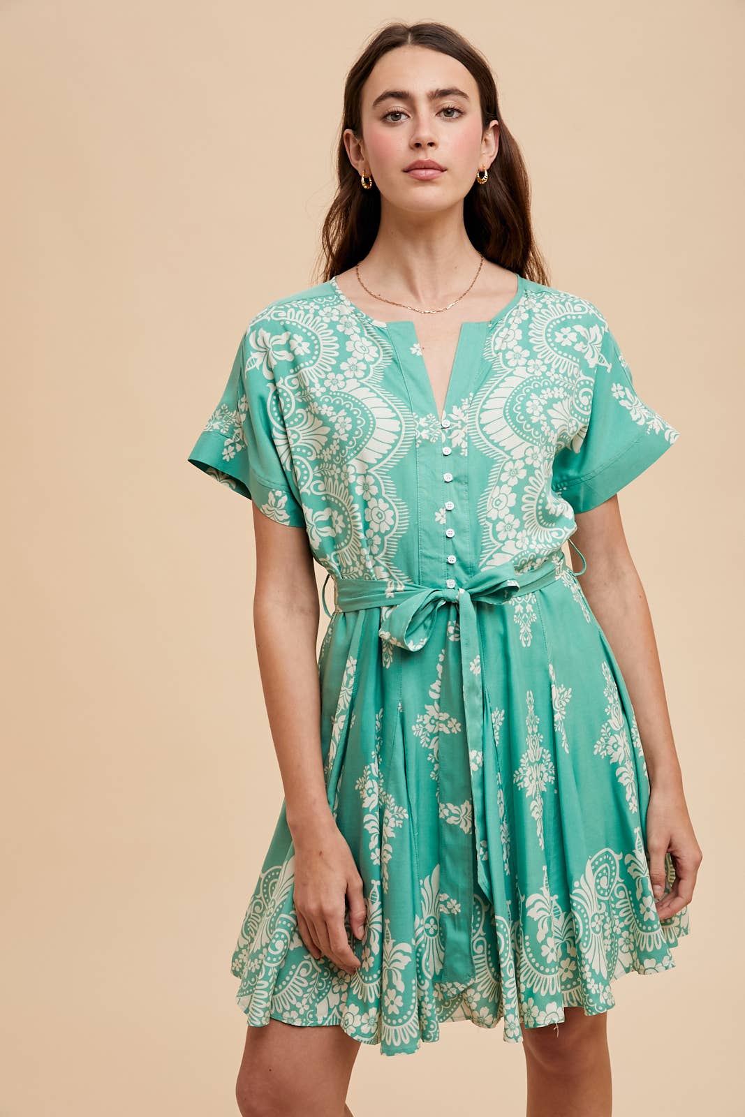 BORDER PRINT FLARED MINI DRESS: JADE
