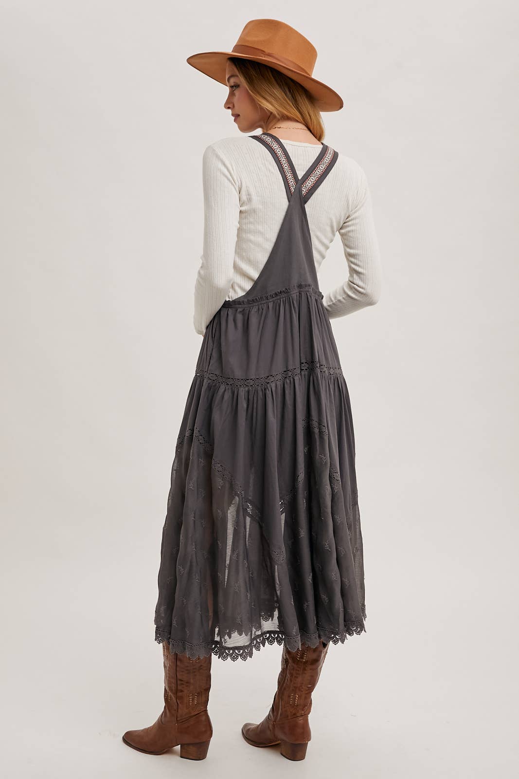 LACE EMBROIDERED TULLE BIB MAXI DRESS: ASH