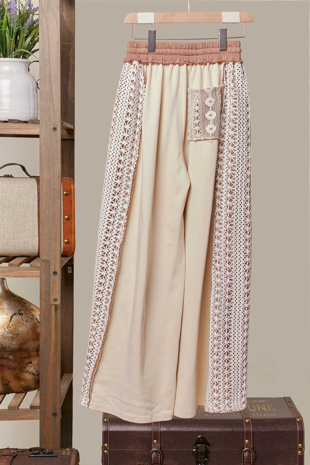Lace Accents Patchwork Maxi Pants: Olive-Multi / S