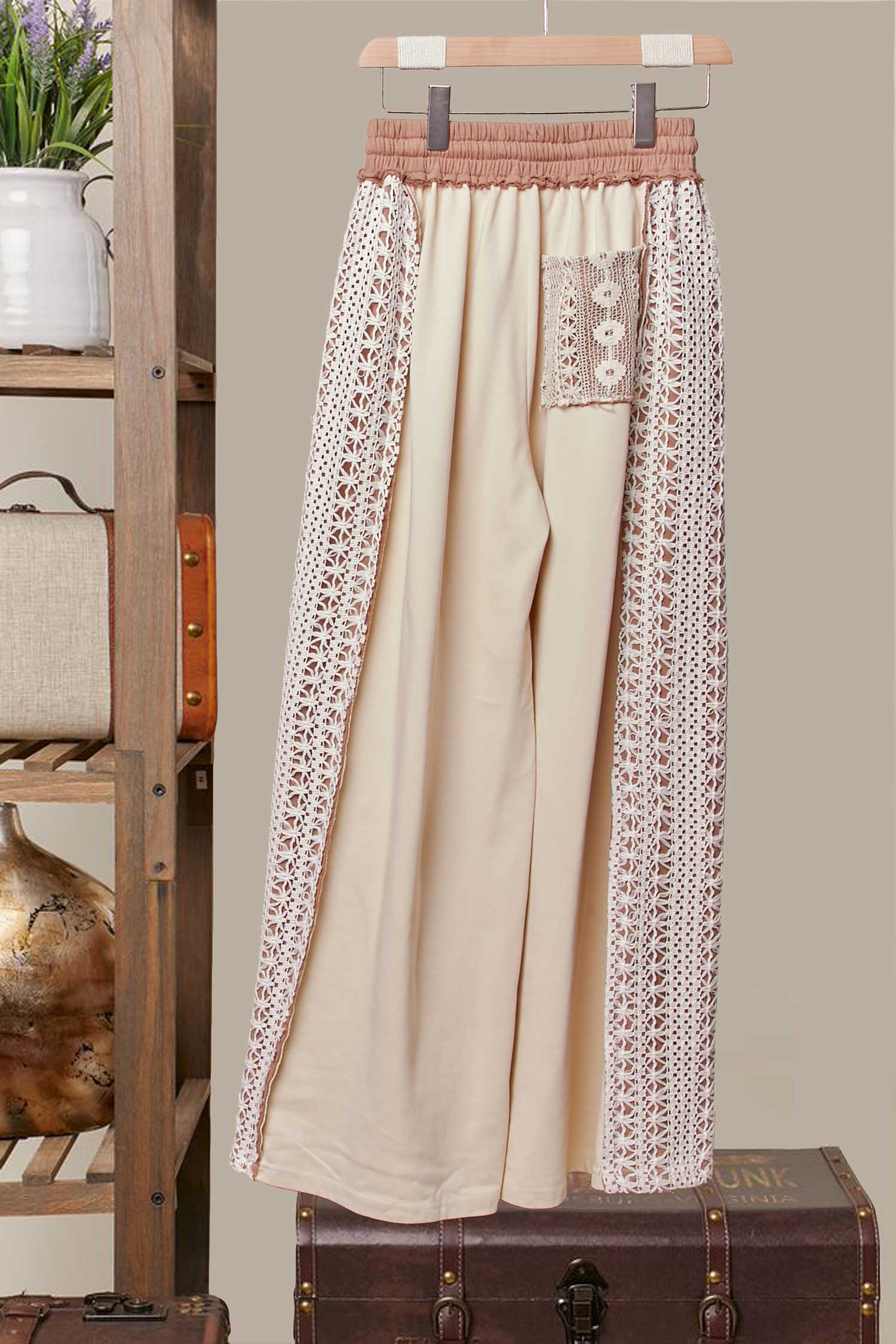 Lace Accents Patchwork Maxi Pants: Olive-Multi / L
