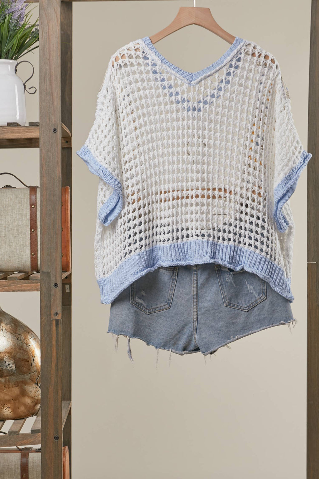 Boho Crochet Patchwork V Neck Short Sleeve Top: Navy