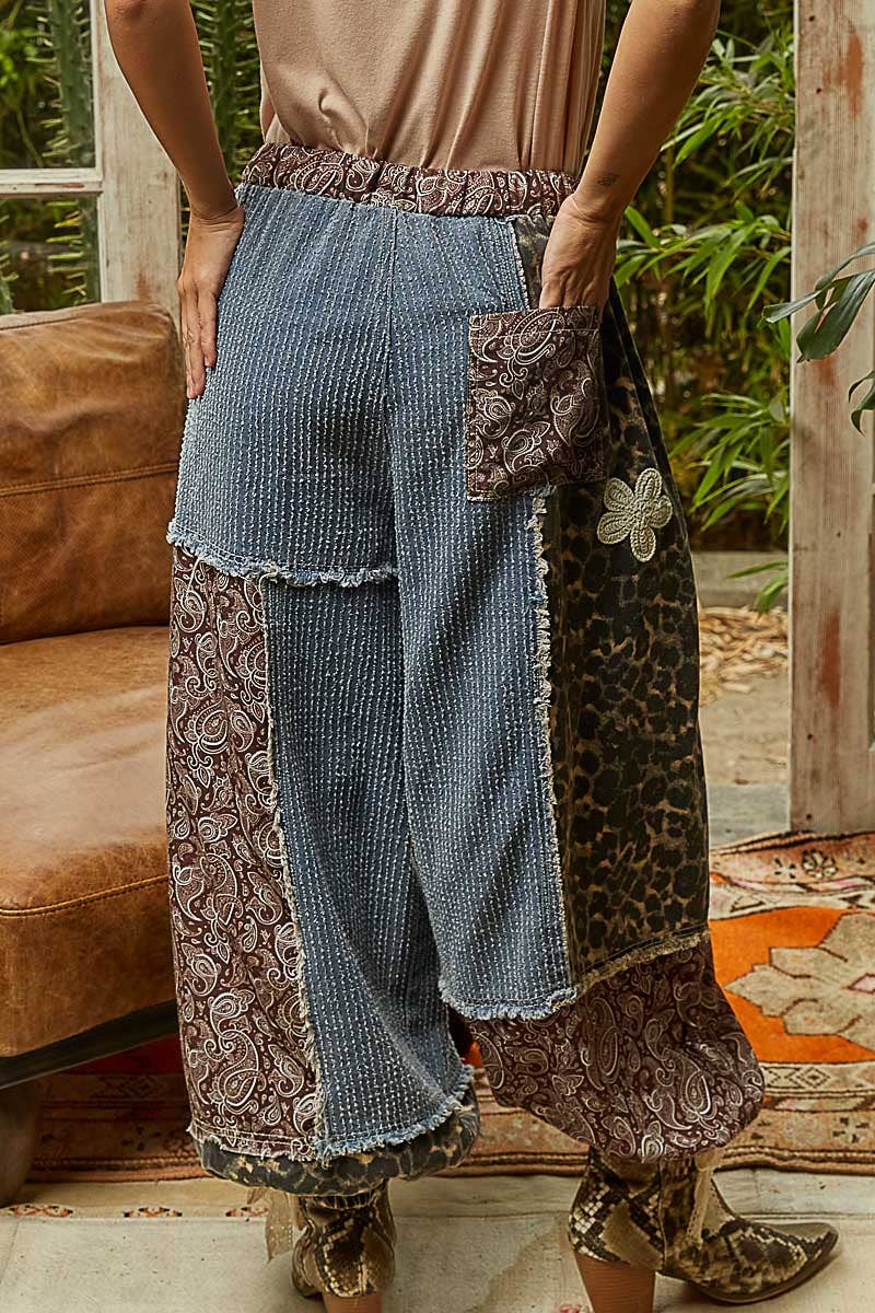 Crochet Patch Detail Contrast Patchwork Printed Woven Pants: CREAM MULTI / L