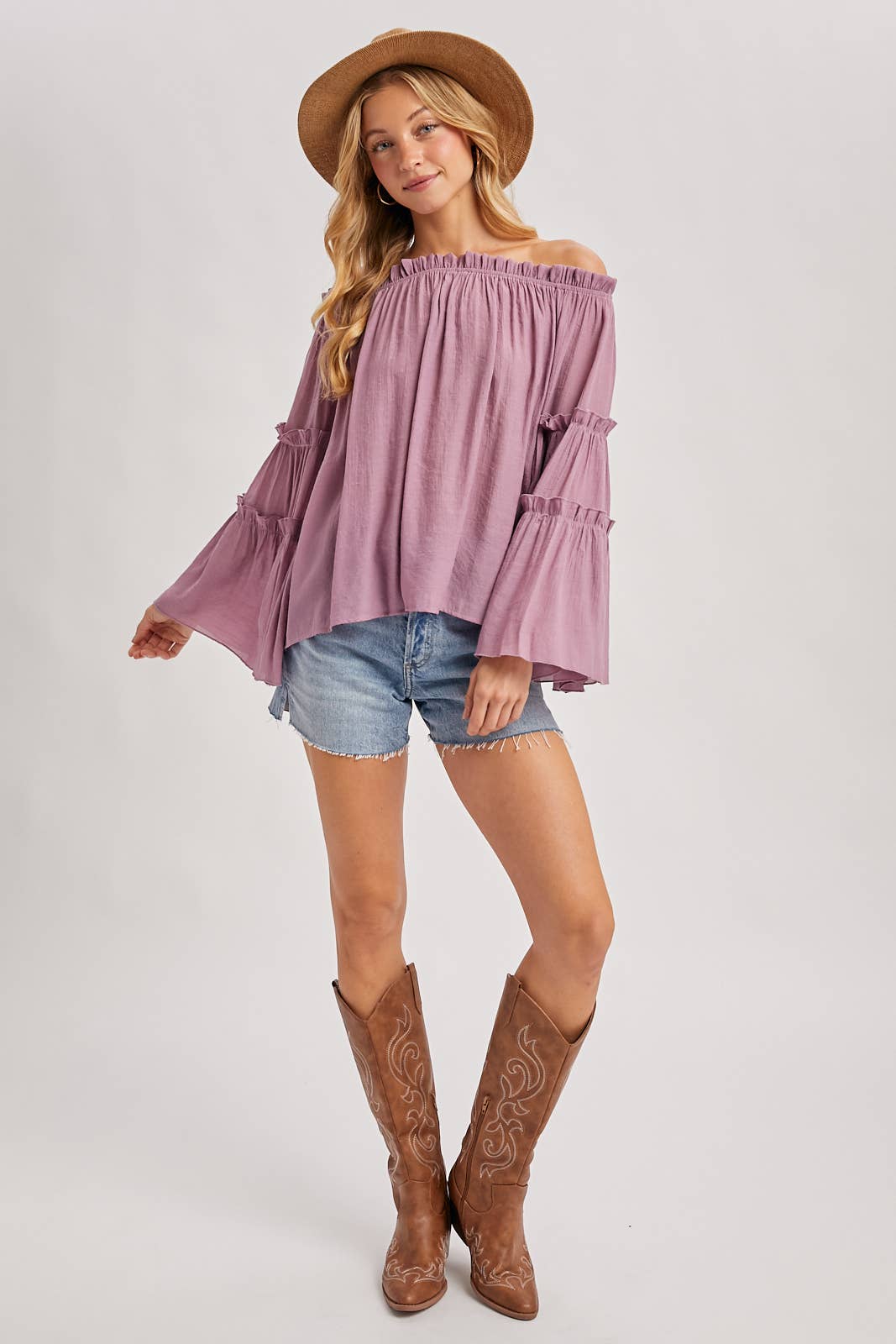 TEXTURED BELL SLEEVE OFF THE SHOULDER TOP: ROSE / L