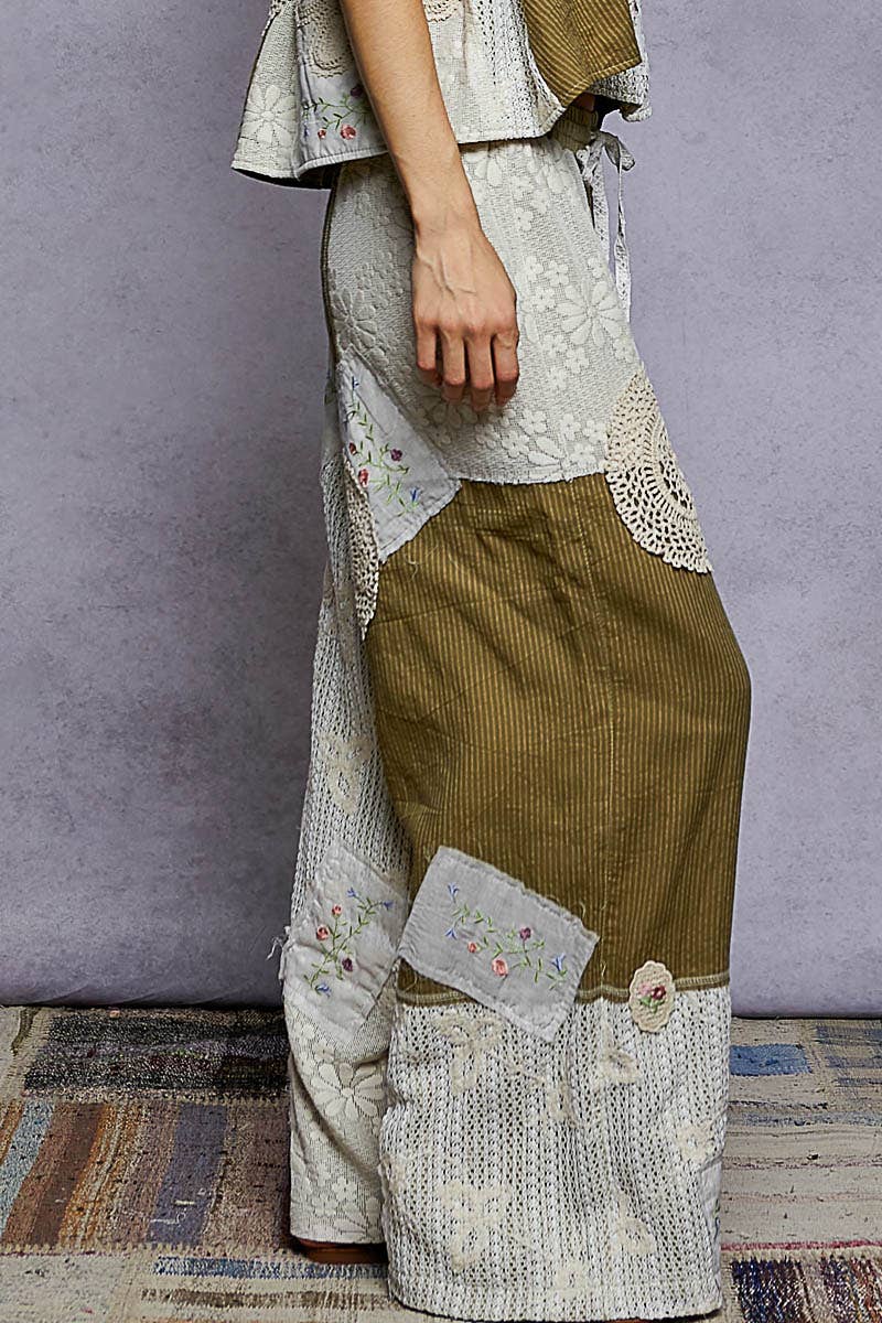 Solid Lace Patch Detail Woven Pants: SKY BLUE