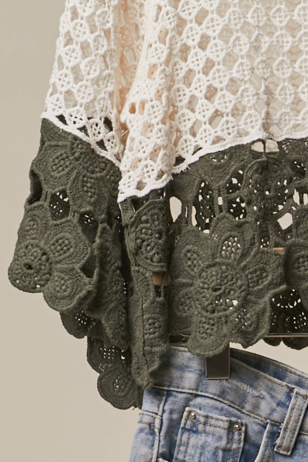 Boho Color Block Crochet Top: Ivory/Olive