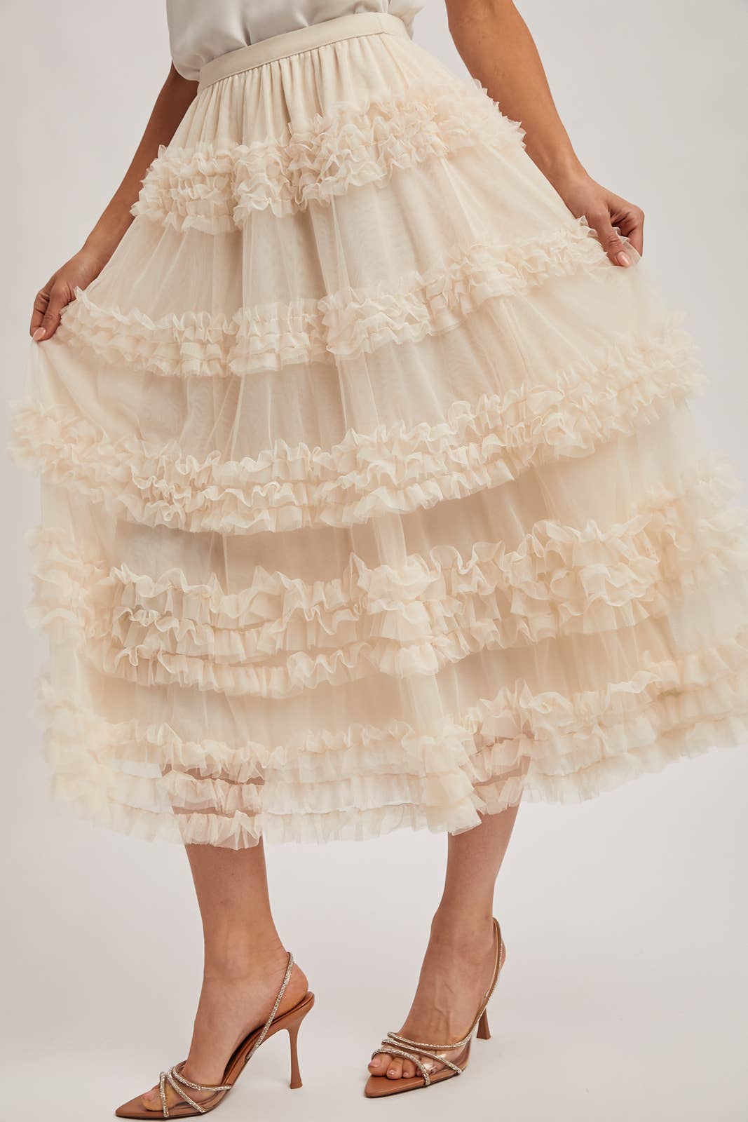 ROMANTIC RUFFLE TIERED TULLE MIDI SKIRT: PLUM / M