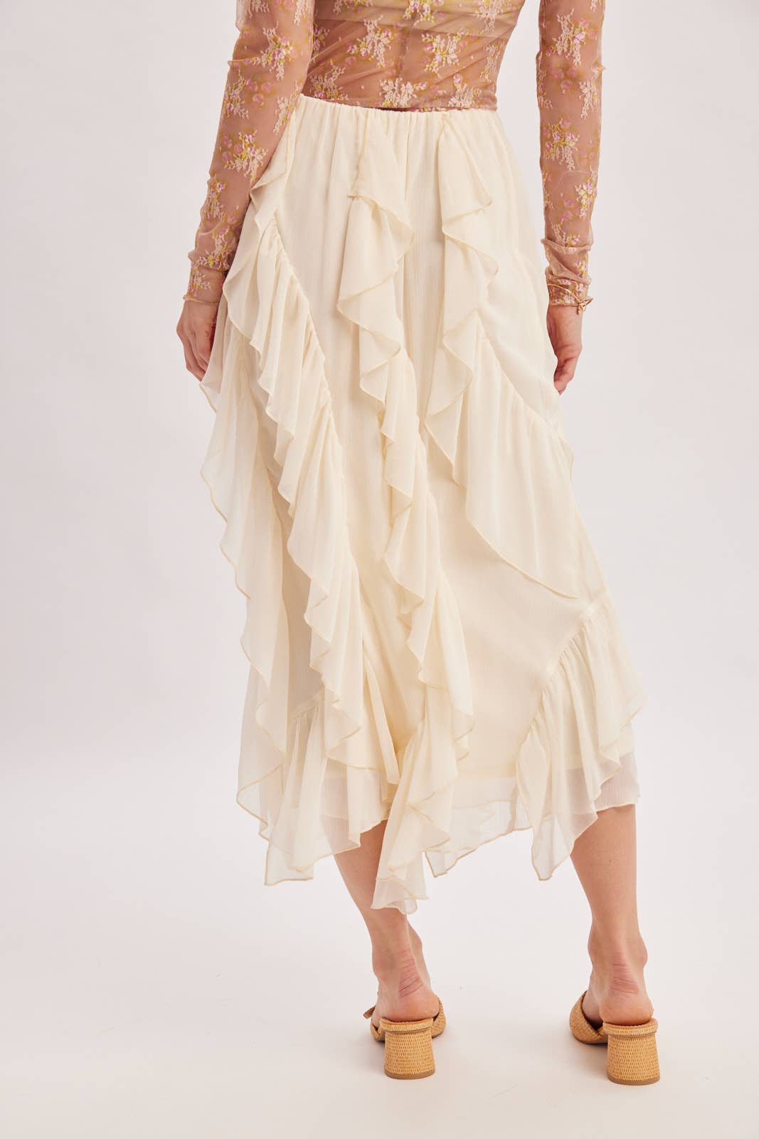 SEMI-SHEER CHIFFON RUFFLED TULLE MIDI SKIRT: ECRU