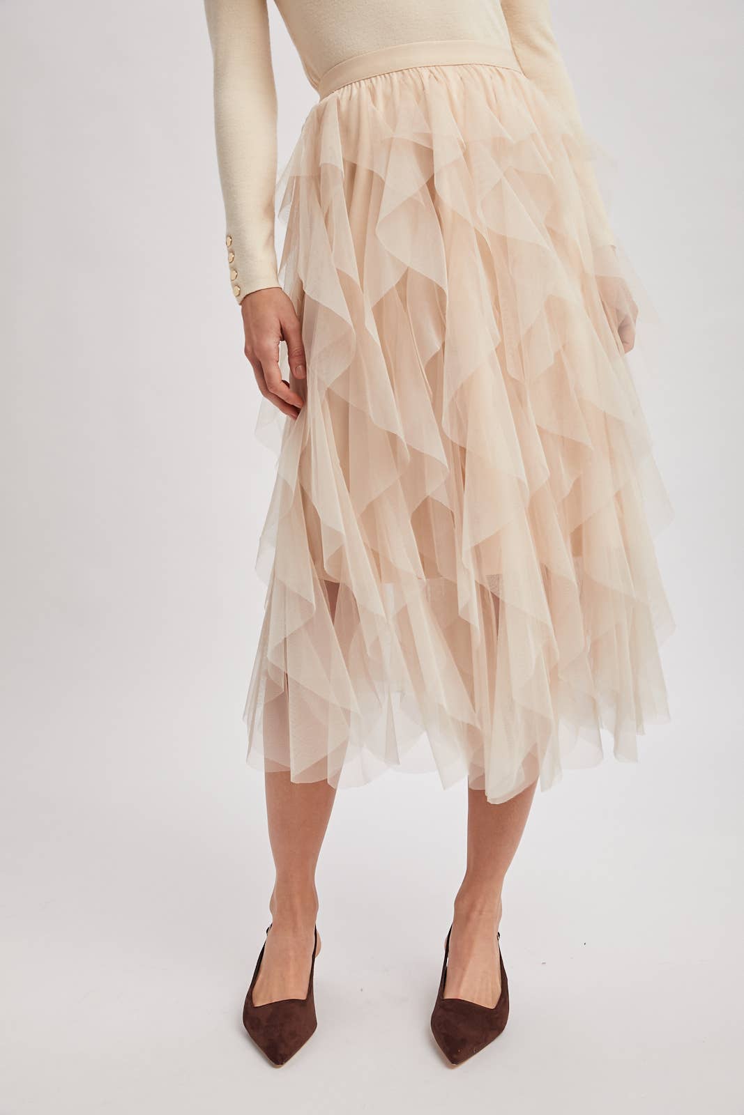 SPRIAL RUFFLED TULLE MIDI SKIRT - EASTER DAY: ROSE / L