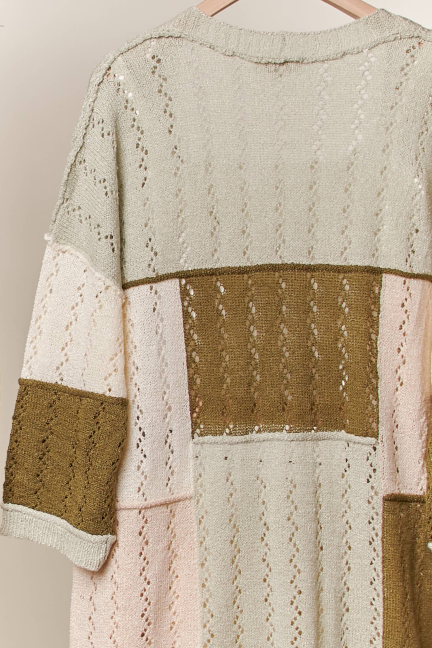 Color Block Patch Pocket Long Cardigan: Olive / M