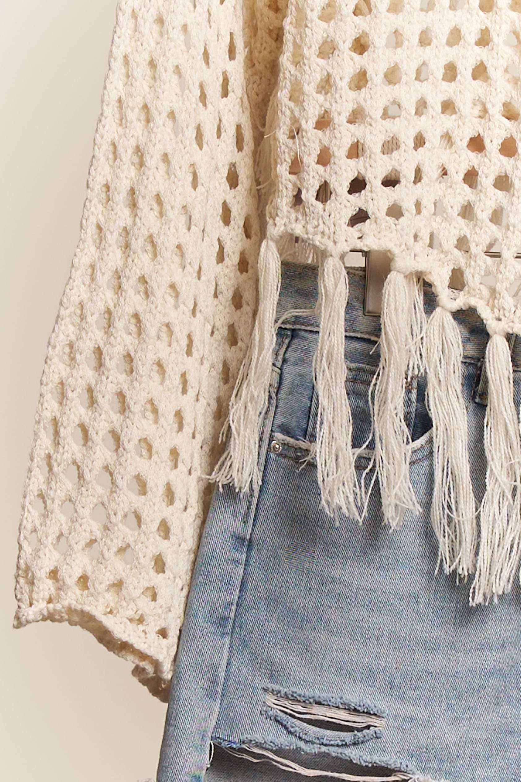 Boat Neck Fishnet Sweater with Fringe detail: Cream