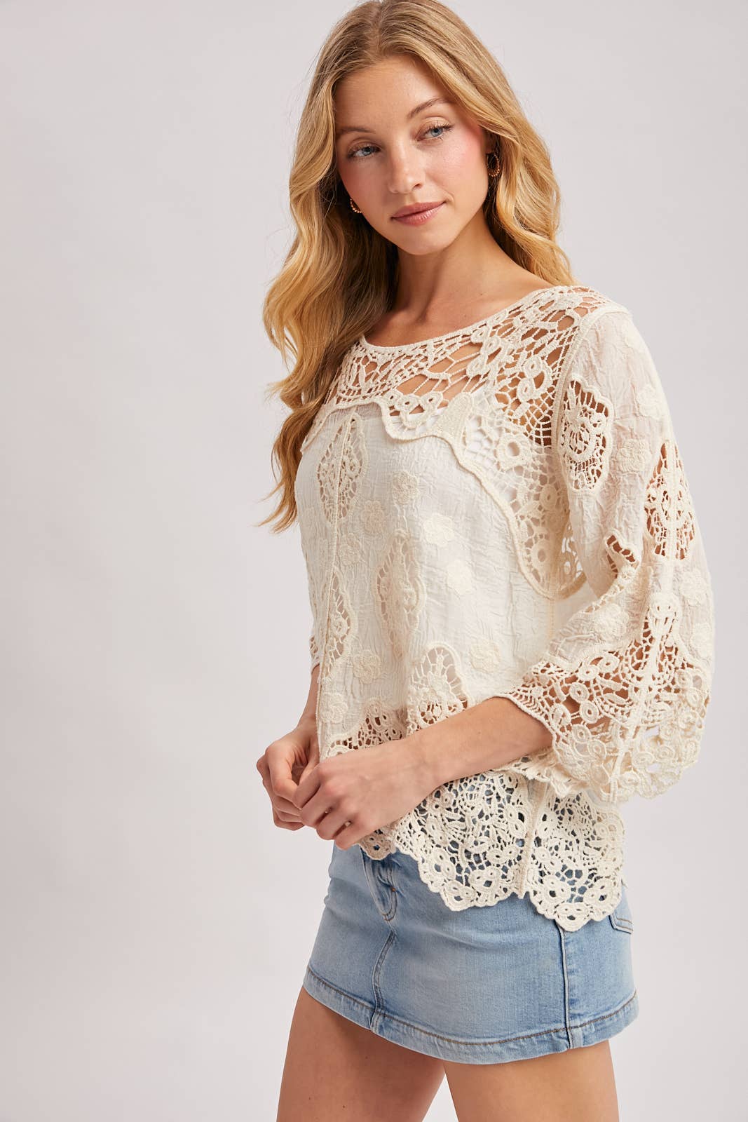 BOHO SHEER CROCHET 3/4 SLEEVED TOP - EASTER DAY: NATURAL / L