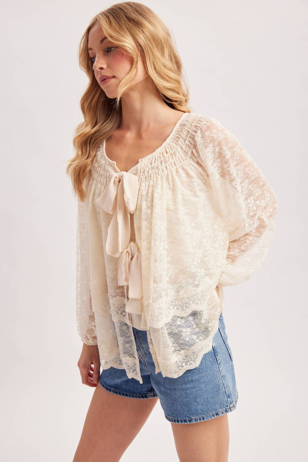 LAYERED LACE TIE-FRONT CLOSURES 2-WAY BLOUSE - EASTER DAY: ECRU / S/M