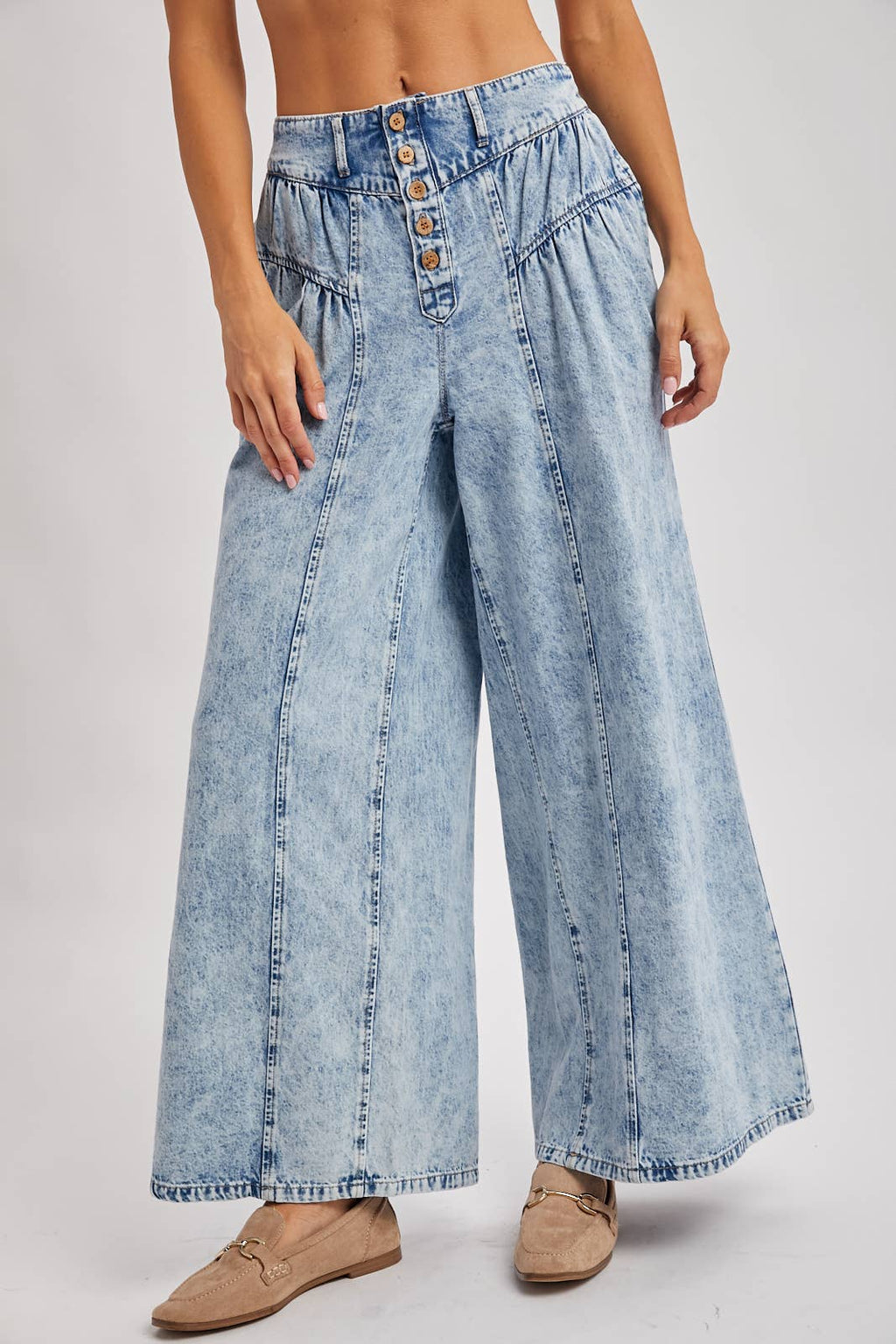 DENIM PLEATED RETRO HIGH-RISE WIDE LEG JEANS: LT.WASH / S