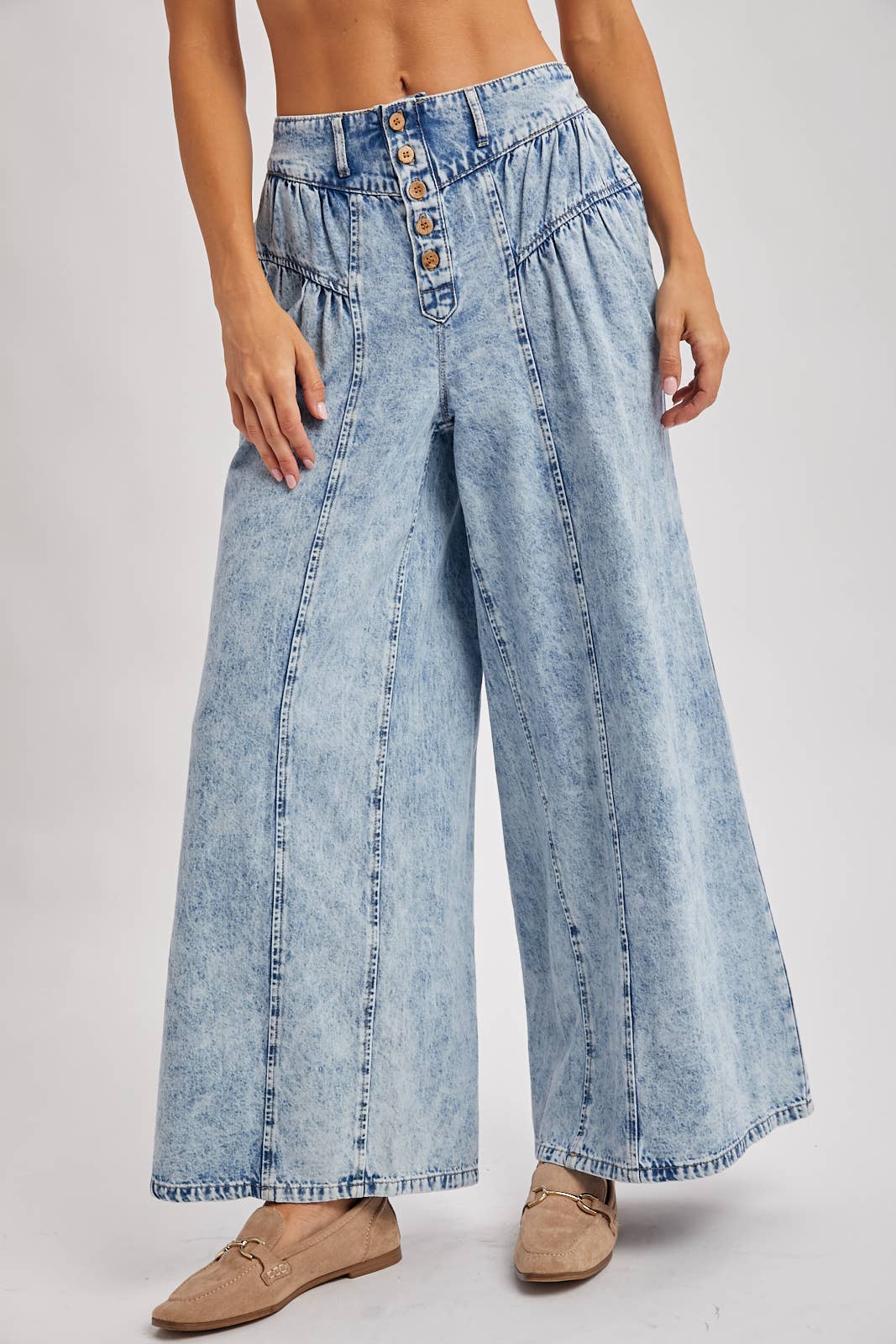 DENIM PLEATED RETRO HIGH-RISE WIDE LEG JEANS: LT.WASH / S