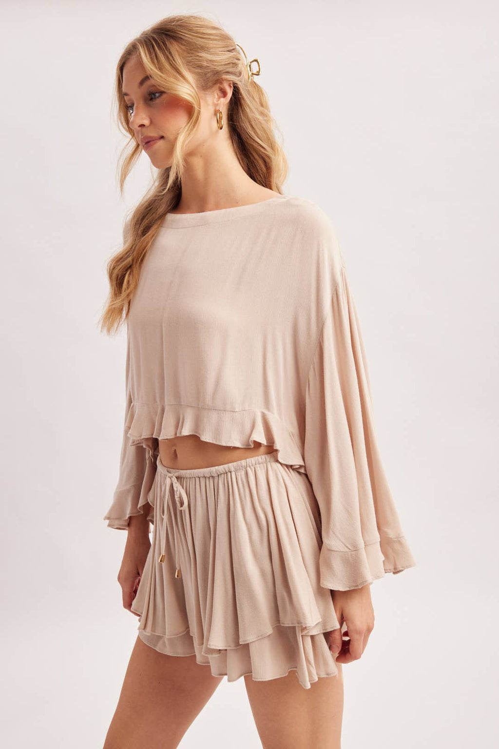 BILLOWY CROPPED OVERSIZED BELL SLEEVE RUFFLE HEM TOP: BIRCH