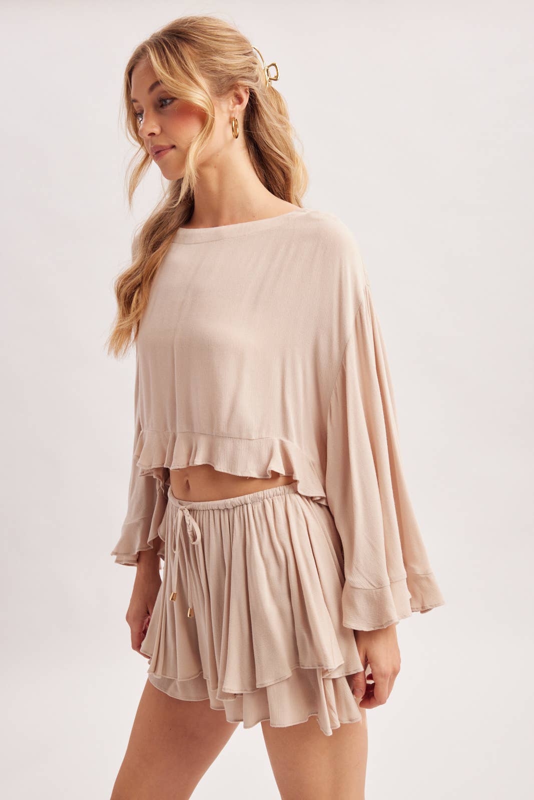 BILLOWY CROPPED OVERSIZED BELL SLEEVE RUFFLE HEM TOP: BIRCH
