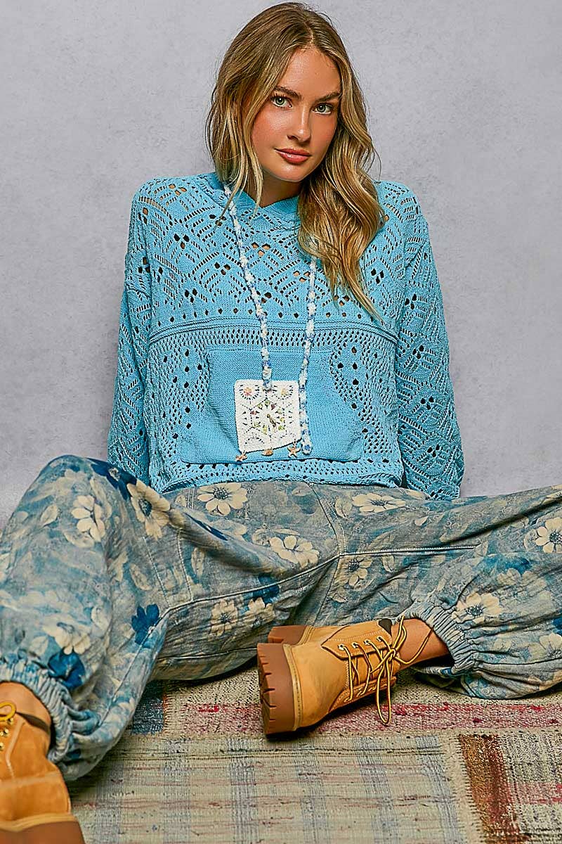 Chenille Crochet Lightweight Pullover Hoodie Sweater: NATURAL / S