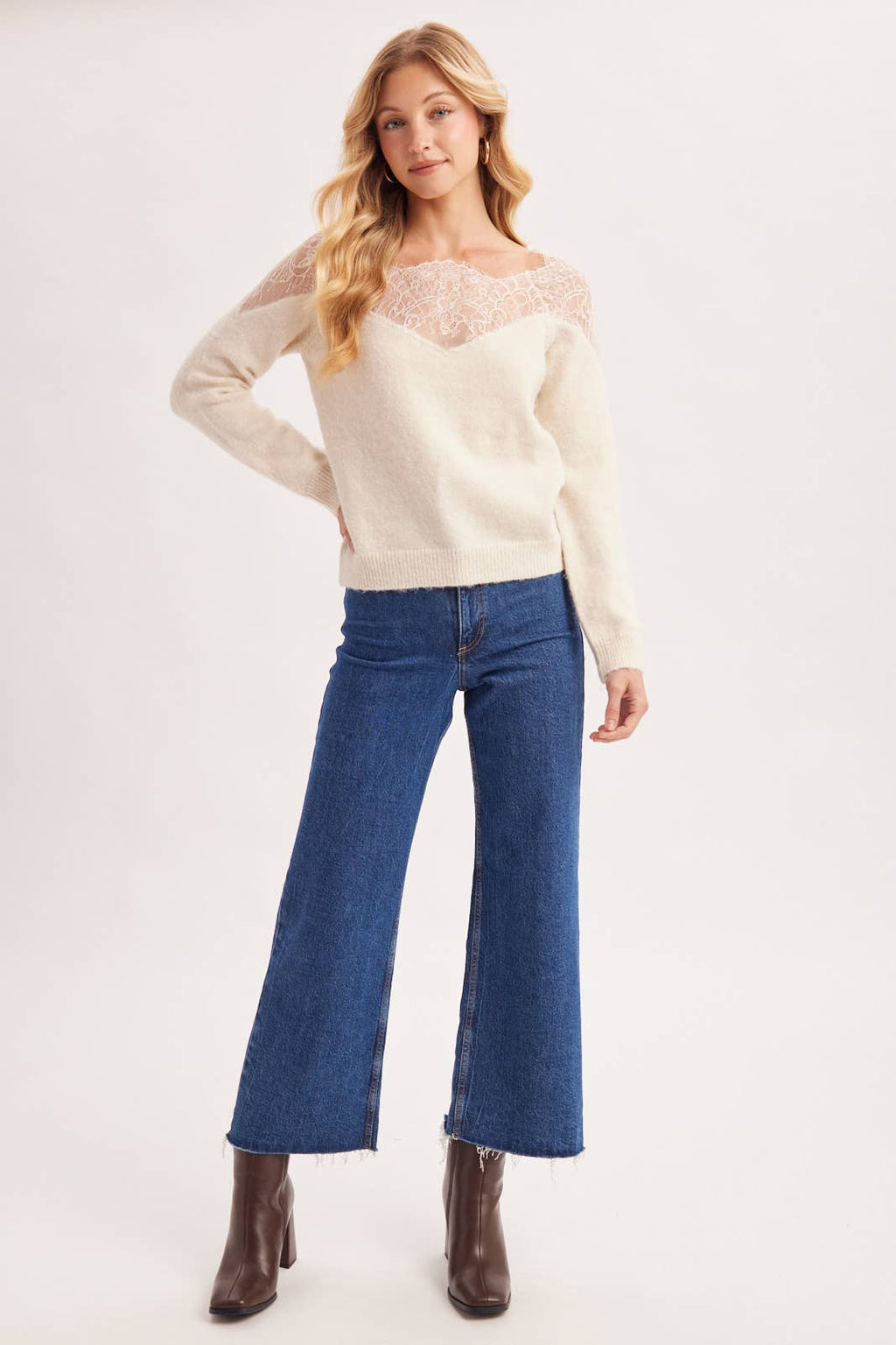 EYELASH LACE TRIMMED KNIT PULLOVER