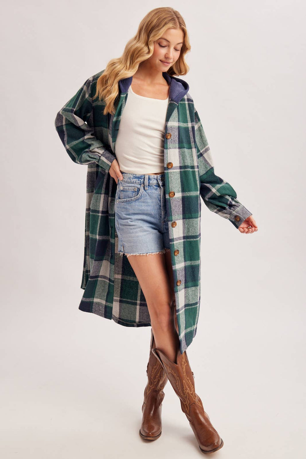 LONGLINE PLAID HOODED JACKET