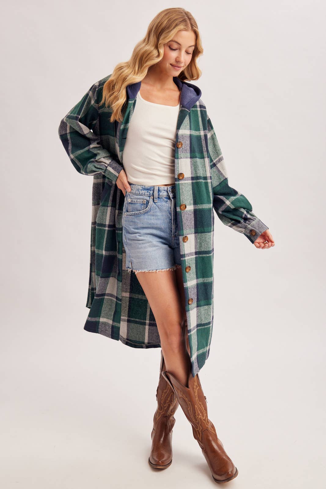 LONGLINE PLAID HOODED JACKET