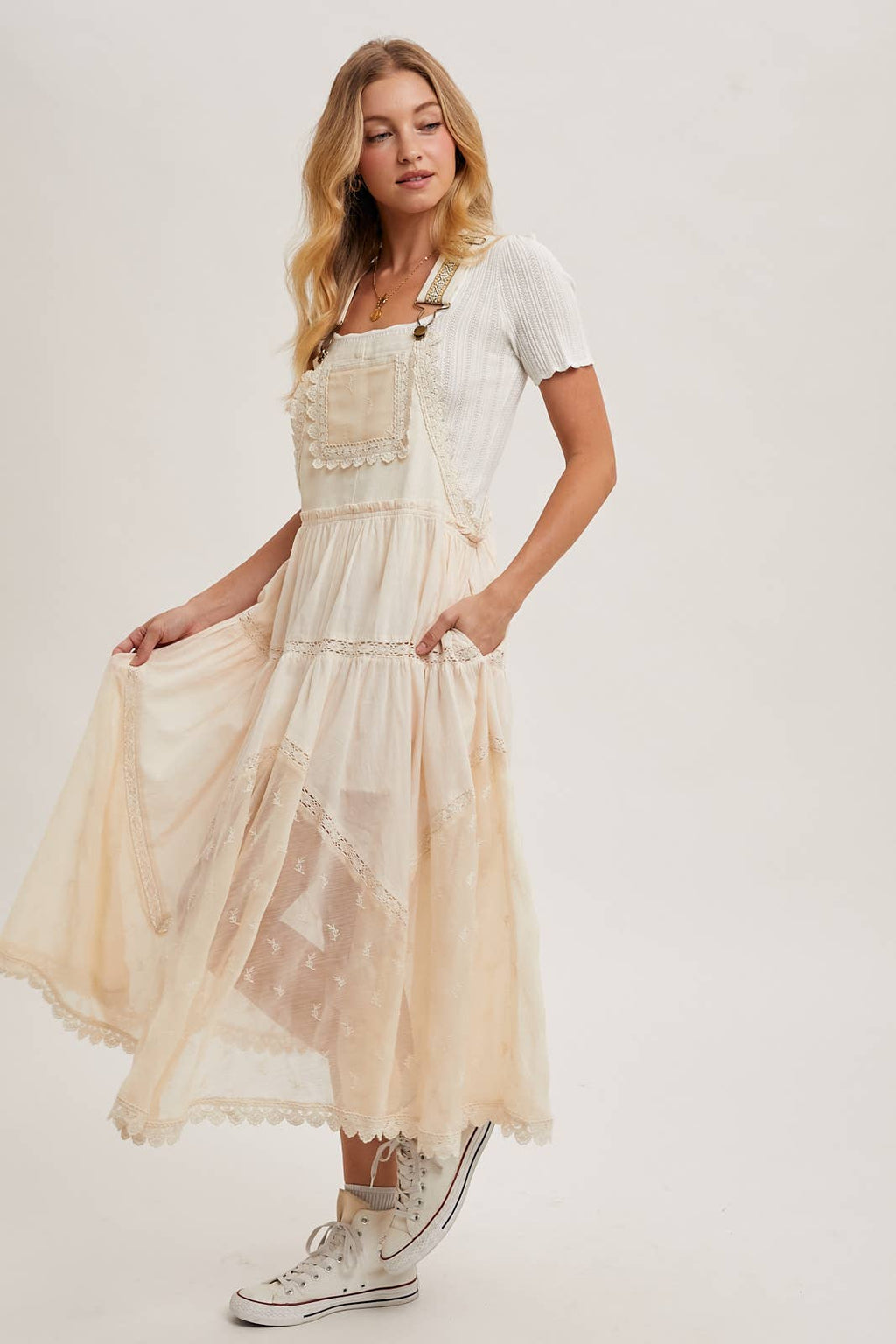 LACE EMBROIDERED TULLE BIB MAXI DRESS: ASH