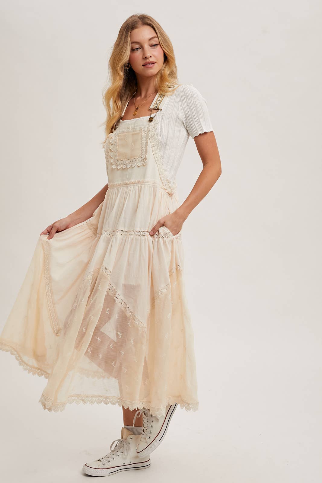 LACE EMBROIDERED TULLE BIB MAXI DRESS: ASH