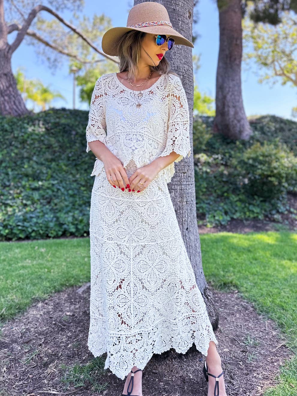Boho Floral Crochet Maxi Skirt | Matching Set Available: Ivory / One Size