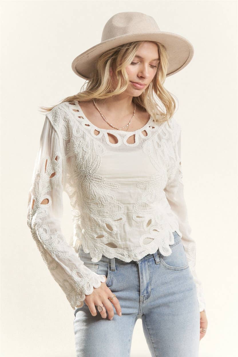 LONG SLEEVE EMBROIDERED BOHO TOP- LET3886: BEIGE / S/M-M/L(3-3)