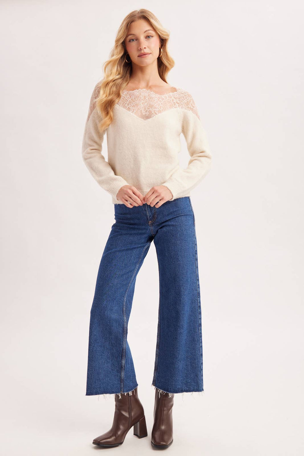 EYELASH LACE TRIMMED KNIT PULLOVER