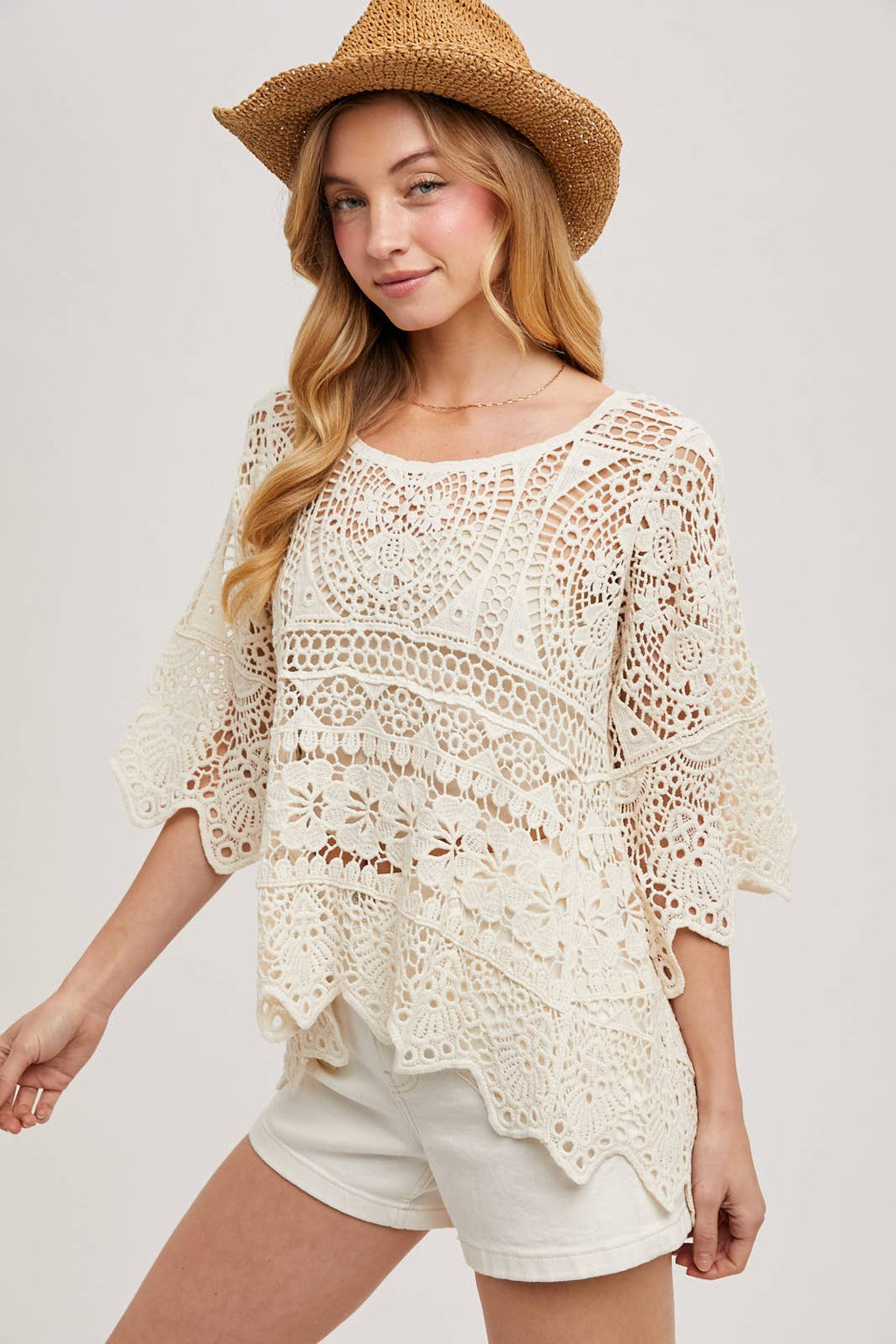 BEACH COVER-UP SHEER CROCHET TOP WITH NO LINING: NATURAL