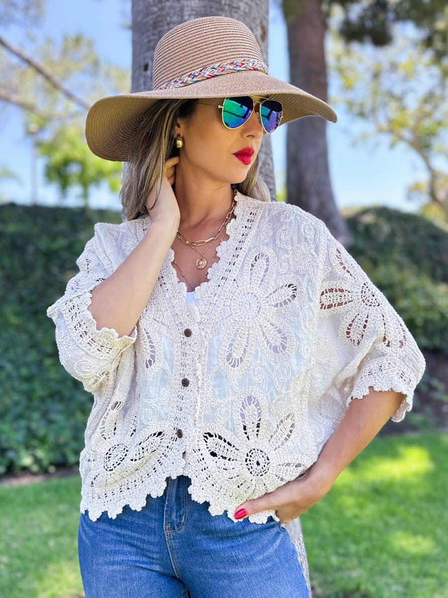 Boho Floral Crochet Button Down Cardigan with Dolman Sleeves: Ivory / One Size