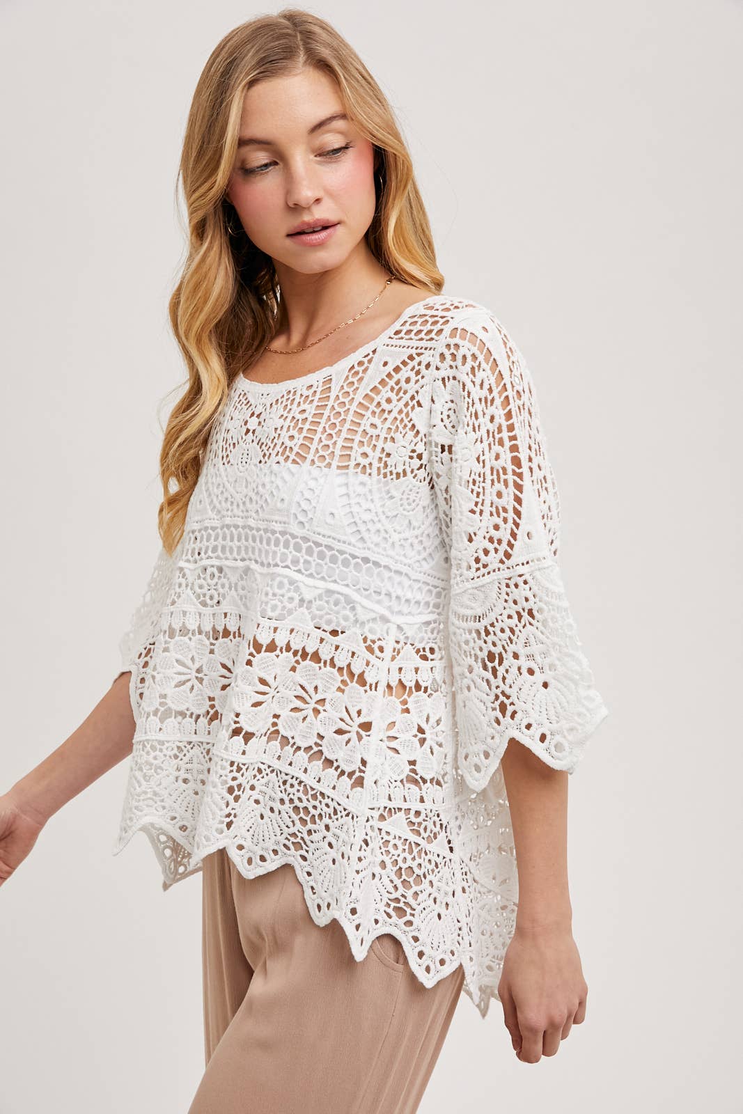 BEACH COVER-UP SHEER CROCHET TOP WITH NO LINING: NATURAL