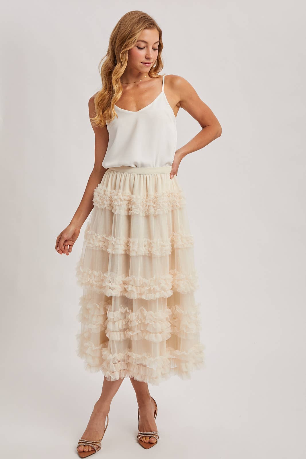 ROMANTIC RUFFLE TIERED TULLE MIDI SKIRT: PLUM / L
