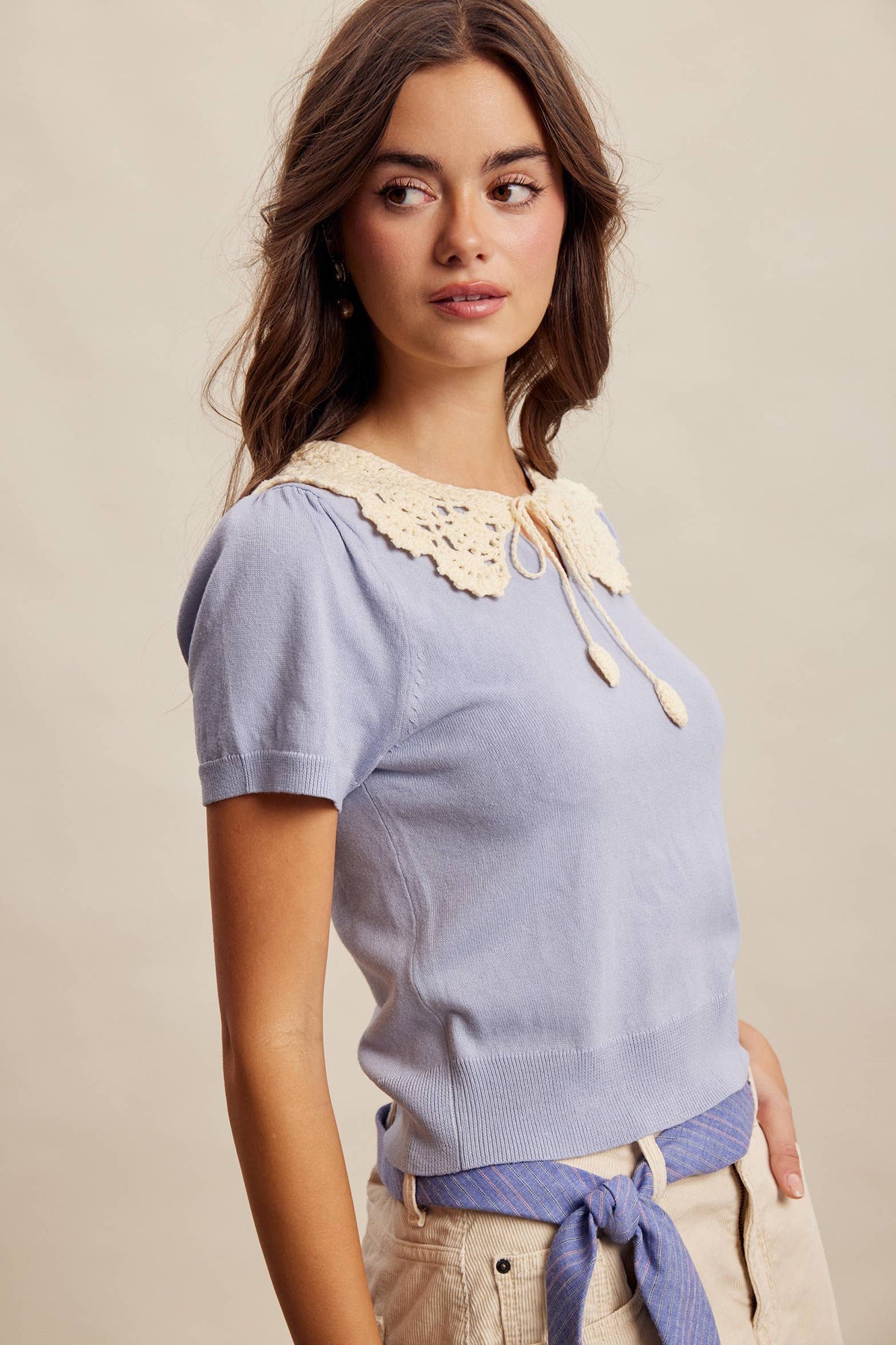 Crochet Collar Short Sleeve Knit Top LSW1048