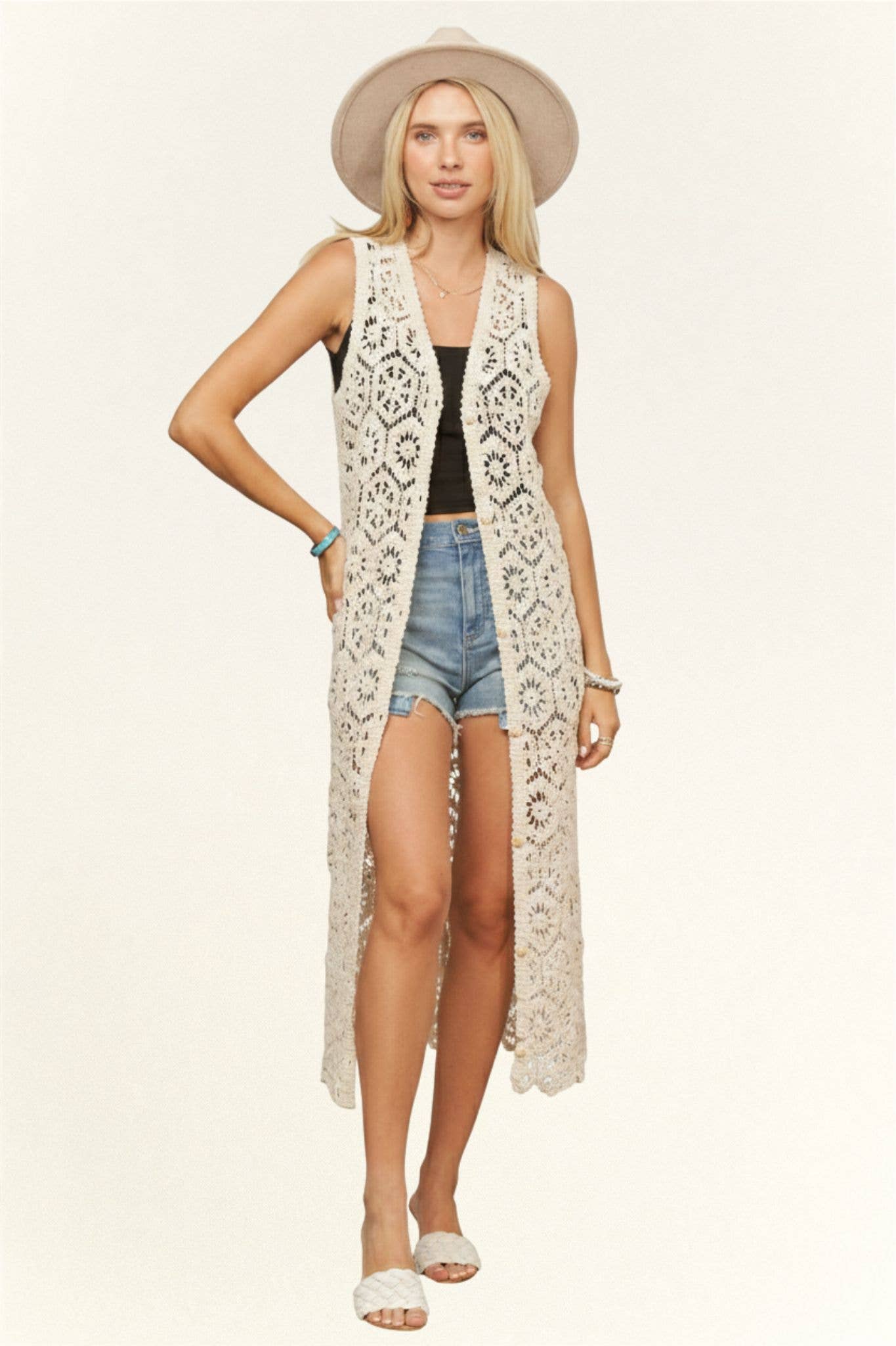 LONG CROCHET CARDIGAN VEST- LEJ4076: BEIGE / SM-ML(3-3)
