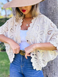 Boho Floral Crochet Button Down Cardigan with Dolman Sleeves: Ivory / One Size